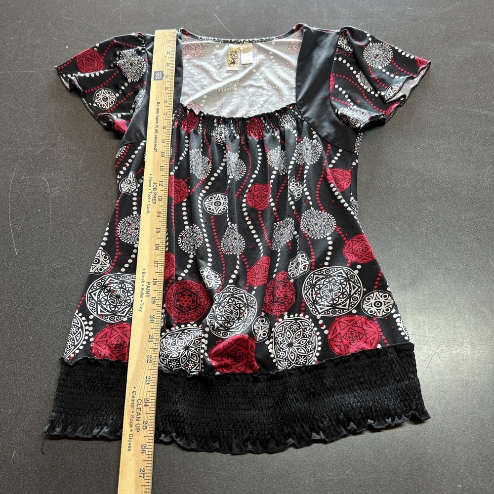 Vintage Y2K Babydoll Top Size M Swirl‎ Red Black Abstract Artsy Empire Waist - Picture 2 of 7